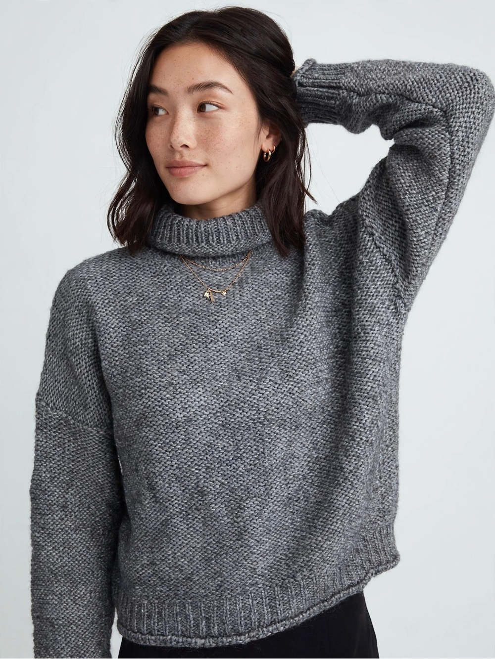 Anthropologie XS Gray Chunky Knit Turtleneck Sweater Oversized Cozy Minimalist